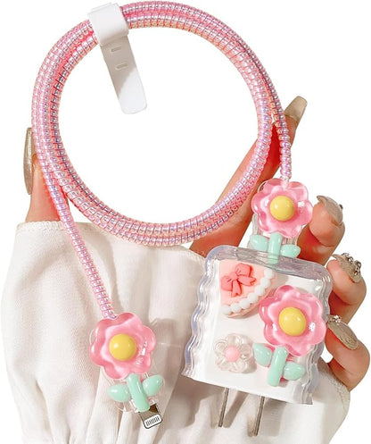 Lovmooful Compatible for iPhone 18W/20W USB-C Charger Cover Clear Lovely 3D Flower Floral Bowknot Design Soft Charger Protector Cute Cable Case Saver Protector for Girls Women-Pink Flower