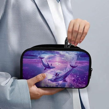 Purple Moonlight Dolphin Print Storage Pouch - Earphone, Cable Organizer, Power Bank & Data Cables Storage, Headset Organizing Multipurpose Bags