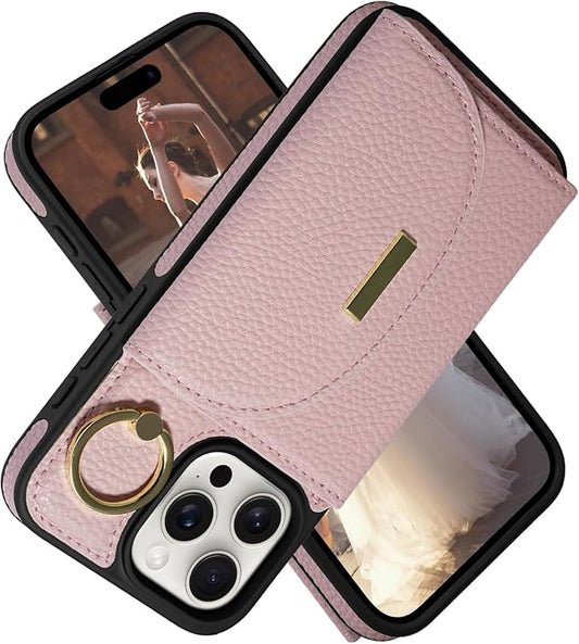 Keallce Wallet Case for iPhone 16 Pro Max 6.9'', Flip Case with Card Slots, Ring Holder Kickstand, PU Leather Protective Folio Cover for Women, Pink