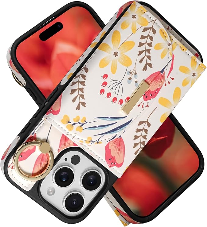 Keallce Wallet Case for iPhone 16 Pro Max 6.9'', Flip Case with Card Slots, Ring Holder Kickstand, PU Leather Protective Folio Cover for Women, Floral
