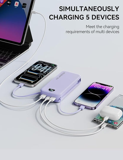 Nusyddy Portable Charger 20000mAh PD20W w/Built-in Cables & Wall Plug Purp. | PD20W Fast Charging, High Capacity, LED Display, Charge 5 Devices at once, TSA Approved, Compatible with iPhone/iPad/Samsung