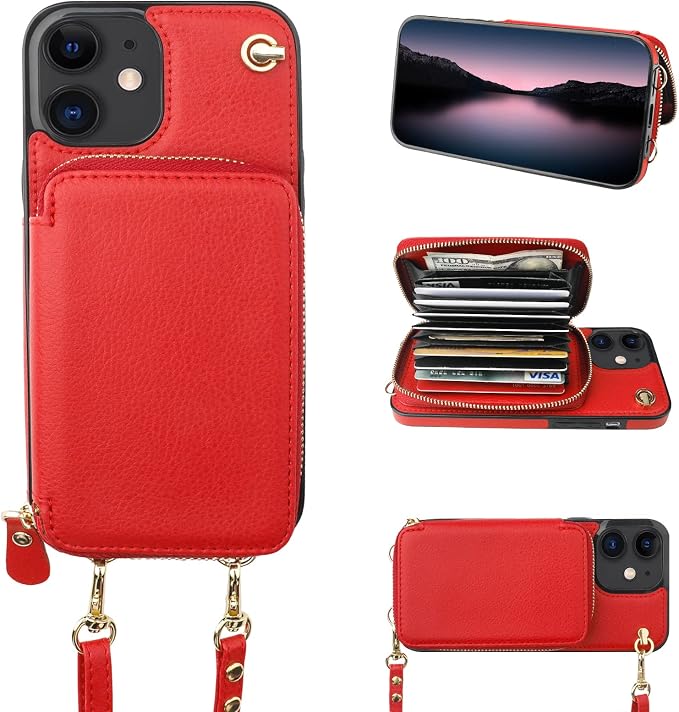 Bocasal Crossbody Wallet Case for iPhone 12/12 Pro, RFID Blocking Leather Purse Case with Card Holder, Protective Handbag Flip Cover with Zipper Wrist Strap Lanyard for Women 5G 6.1 Inch (Red)