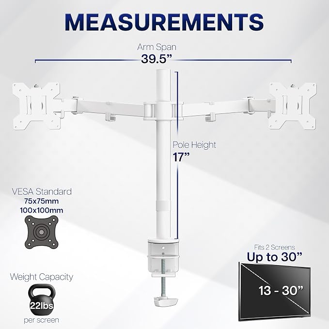 VIVO Dual Ultrawide Monitor Desk Mount, Heavy Duty Fully Adjustable Steel Stand, Holds 2 Computer Screens up to 38 inches and Max 22lbs Each, White, STAND-V038W