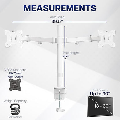 VIVO Dual Ultrawide Monitor Desk Mount, Heavy Duty Fully Adjustable Steel Stand, Holds 2 Computer Screens up to 38 inches and Max 22lbs Each, White, STAND-V038W