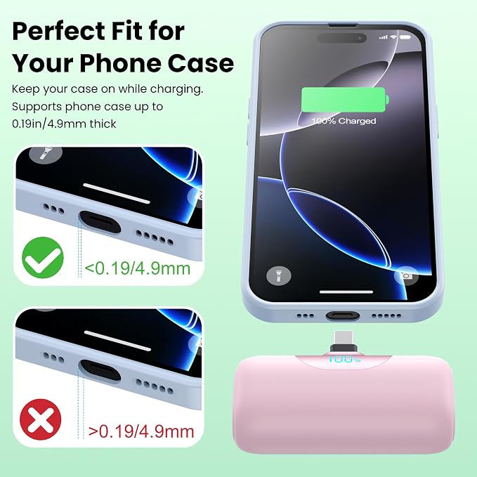 [2-Pack] 6000mAh Portable Charger for iPhone 17/16, LCD Display USB C Mini Power Bank,PD Fast Charging Lipstick Sized Battery Pack for iPhone 17/16/15 Pro Max, Galaxy S25/S24, Pixel (Black+Pink)