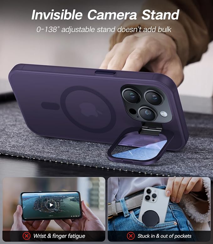 for iPhone 15 Pro Max Case with Camera Cover Stand [Built-in 9H Camera Lens Protector][Fit for Magsafe] Military Grade Shockproof Translucent Matte Magnetic Phone Case 6.7", Purple