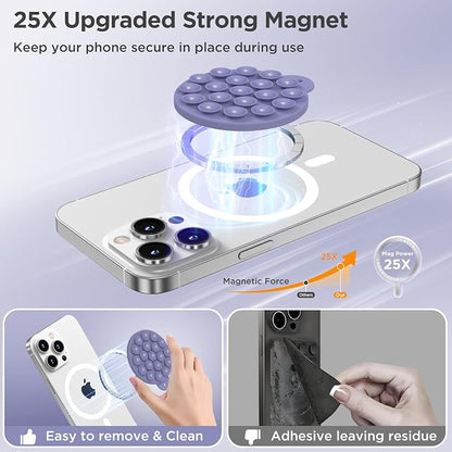 Magnetic Suction Cup Phone Mount, Compatible with MagSafe, Silicone Octo Cup Buddy Sticky Grip Holder for iPhone and Android, Removable Hands-Free Phone Stand Selfie/Video for TikTok, Lavender