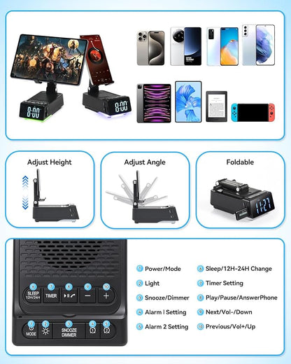 Father's Day Gifts for Dad, Birthday Gifts for Men, 7 in 1 Phone Stand Bluetooth Speaker with Alarm Clock, Wireless Charger, Light, USB Playback & Hands-Free Calling