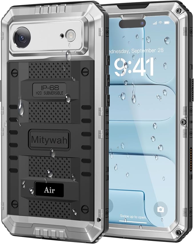 Mitywah Waterproof Case for iPhone Air, Military Grade Rugged Metal Case with Built-in Screen Protector, Heavy Duty Full Body Shockproof Protective Cover for 17 Air 6.5 inch, Silver
