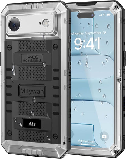 Mitywah Waterproof Case for iPhone Air, Military Grade Rugged Metal Case with Built-in Screen Protector, Heavy Duty Full Body Shockproof Protective Cover for 17 Air 6.5 inch, Silver