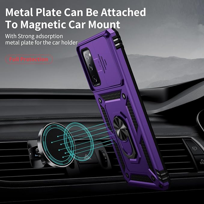 Weycolor for Samsung Galaxy S20 FE 5G Case with Camera Lens Cover, HD Screen Protector, 10 FT Military Grade Drop Protection, Magnetic Ring Holder Kickstand Protective Phone Case, Deep Purple