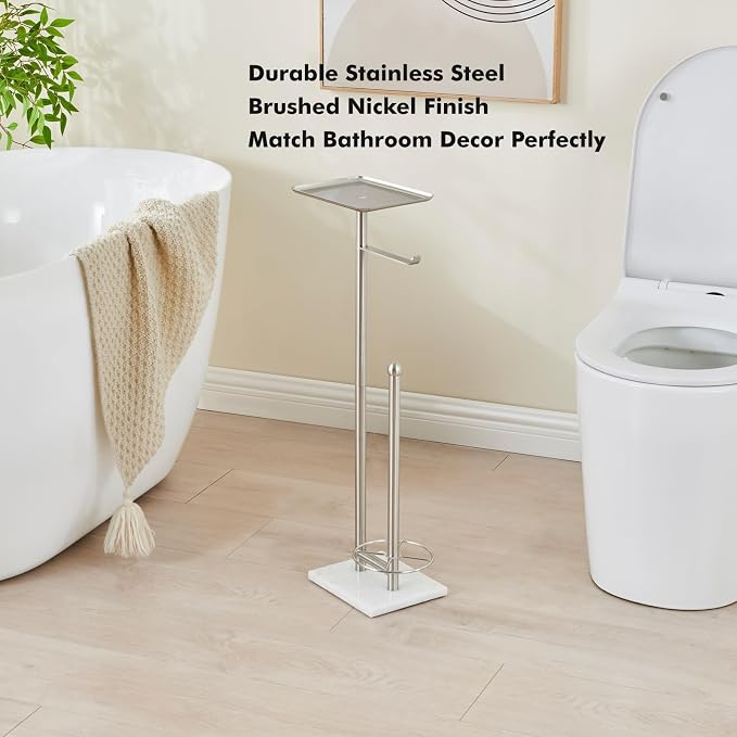 Toilet Paper Holder with Tray at The Top, Sturdy Marble Base No Wobby, Holding Extra 3 Toilet Paper Rolls As Spare Use, Freestanding No Drilling (Brushed Nickel)