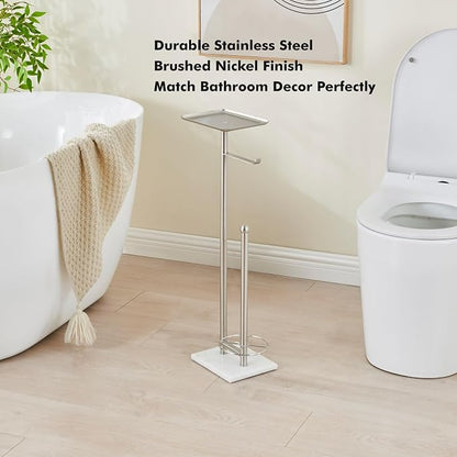Toilet Paper Holder with Tray at The Top, Sturdy Marble Base No Wobby, Holding Extra 3 Toilet Paper Rolls As Spare Use, Freestanding No Drilling (Brushed Nickel)