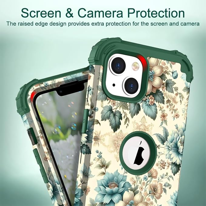 Hocase for iPhone 14 Plus Case, Heavy Duty Shockproof Protection Soft Silicone Rubber+Hard Plastic Bumpers Hybrid Protective Case for iPhone 14 Plus 6.7" 2022 - Teal Blue Flowers
