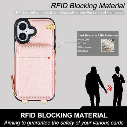 Bocasal Crossbody Wallet Case for iPhone 17, RFID Blocking Leather Purse Case with Card Holder, Protective Handbag Flip Cover with Zipper Wrist Strap Lanyard for Women 5G 6.3 Inch (Rose Gold)