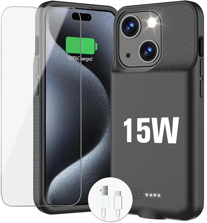 BOPPS Battery Case for iPhone 15/15 Pro【2026 New】 Ultra-Slim 7000mAh Portable Charger Case 360°Protection Rechargeable Extended Charging case for iPhone 15，iPhone 15 Pro (Black)