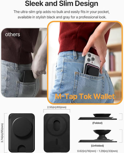 Sinjimoru for MagSafe Phone Grip, Compatible with MagSafe wallet, Soft Magnetic Finger Grip, with 3 Card Holder for iPhone, M-Tap Tok Wallet Black