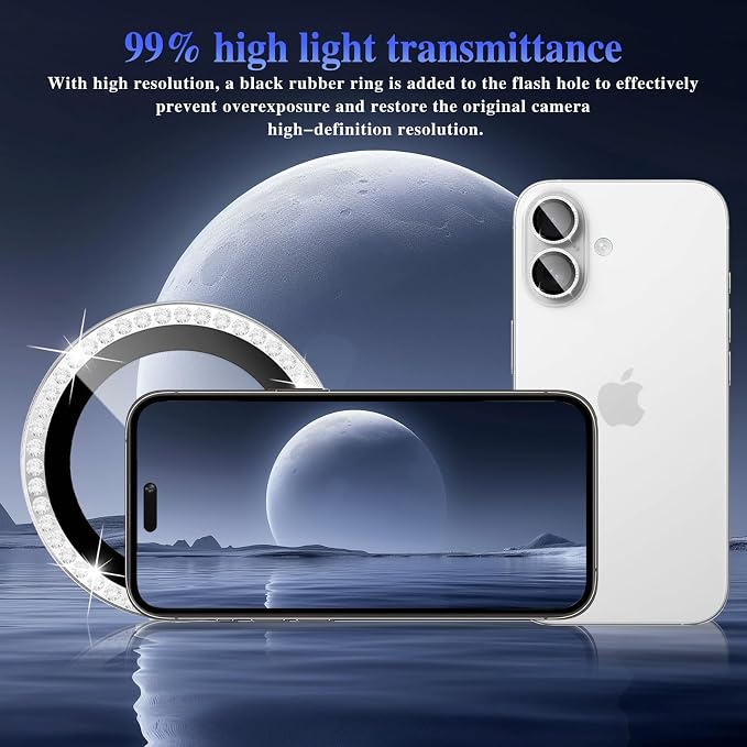 ShinKin Camera Lens Protector for iPhone 16/iPhone 16 Plus, Bling Glitter Camera Cover, 9H Tempered Glass Individual Metal Ring Camera Protector for iPhone 16/iPhone 16 Plus (Diamond - Silver)