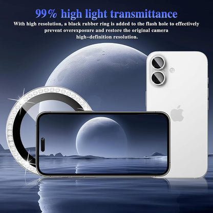 ShinKin Camera Lens Protector for iPhone 16/iPhone 16 Plus, Bling Glitter Camera Cover, 9H Tempered Glass Individual Metal Ring Camera Protector for iPhone 16/iPhone 16 Plus (Diamond - Silver)