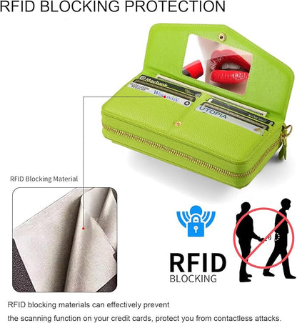 Crossbody Wallet Case for iPhone 16 6.1", Magnetic Detachable PU Leather Phone Case with RFID Blocking Card Holder Wristlet Mirror Flip Zipper Shoulder Purse Clutch for Women - Green