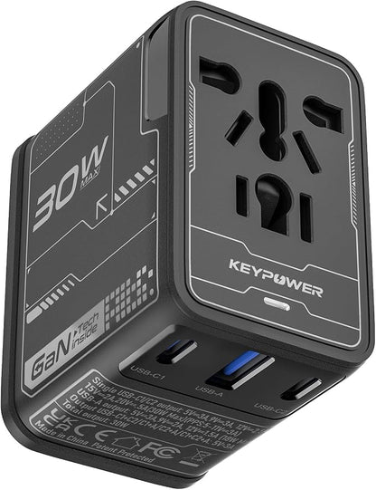 Universal Travel Adapter 30W, 4-Port Power Adapter with 2 USB-C, 1 USB-A | All-in-One Plug Adpater, Works in 200+ Countries, Not a Voltage Converter, Travel Essentials.