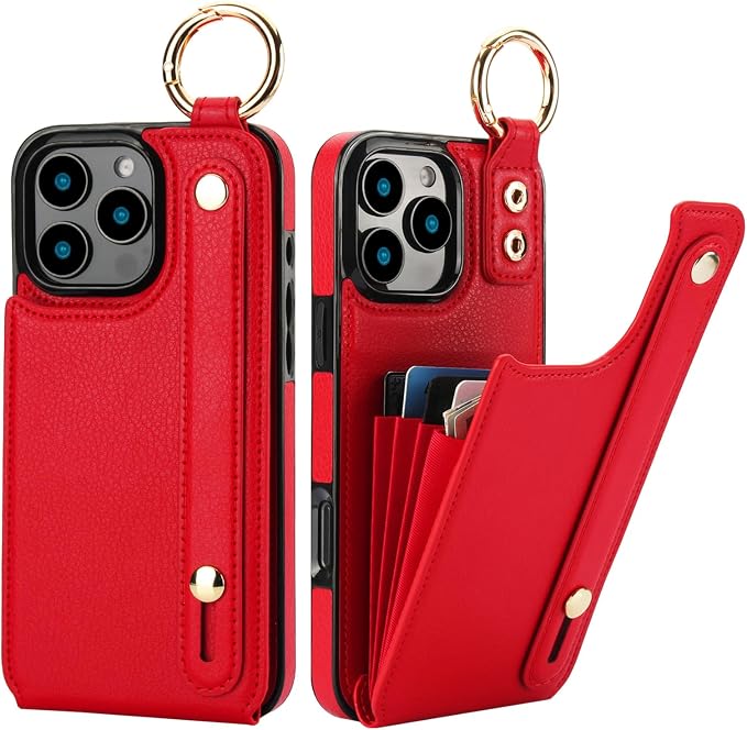 Folosu for iPhone 16 Pro Max Wallet Case with Card Holder, Hand Wrist Strap Loop Holder Kickstand, RFID Blocking Finger Grip Ring PU Leather Double Buttons Shockproof Cover 6.9" Red