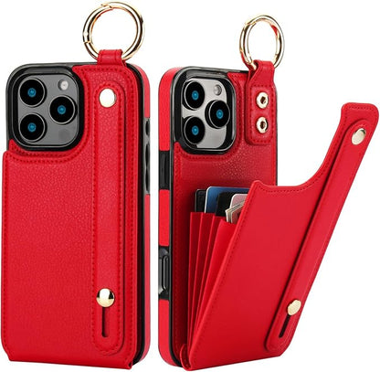 Folosu for iPhone 16 Pro Max Wallet Case with Card Holder, Hand Wrist Strap Loop Holder Kickstand, RFID Blocking Finger Grip Ring PU Leather Double Buttons Shockproof Cover 6.9" Red