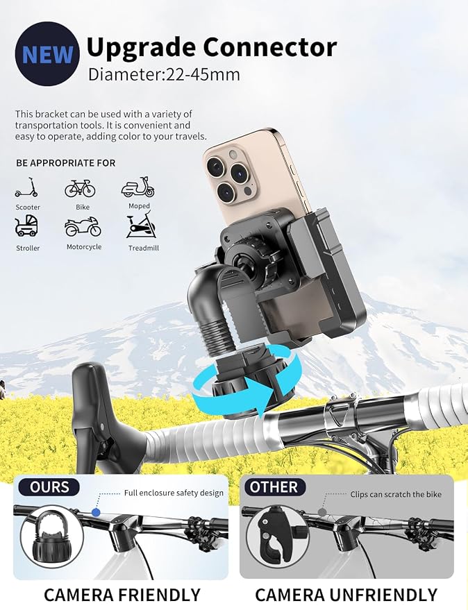 Motorcycle Phone Mount, [No Block Camera] Bike Phone Holder Mount, [Silicone Wrapped] Handlebar Cell Phone Mount for Bike/Scooter/ATV, Fits iPhone 17/16/15/14/13 Pro Max & 4.7"-7" Phones, Black