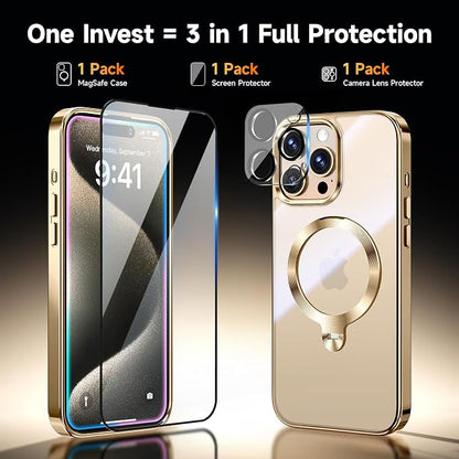 [Tri-Shield Protection] for iPhone 15 Pro Max Case with 360° Spin Stand Compatible with MagSafe [Magnetic CD Ring] [Screen & Camera Lens Protector] Shockproof Plating Never-Yellowing, Gold-6.7"
