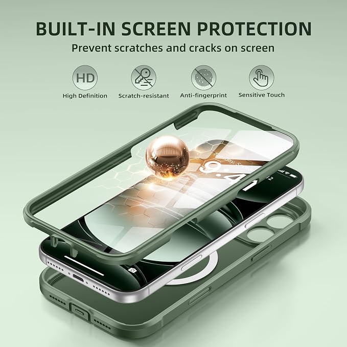 BERFY for iPhone 17 Pro Max Case, Compatible with MagSafe, Built-in Glass Screen Protector, Camera Protection, Shockproof Full Body Phone case 6.9", Translucent Deep Green