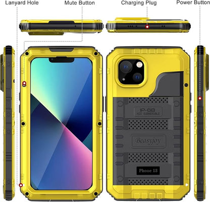 Beasyjoy for iPhone 13 Case Waterproof, Metal Phone Case with Built-in Screen Protector, Heavy Duty Full Body Protective Military Grade Shockproof Rugged Defender Cover 6.1 Inch, Yellow
