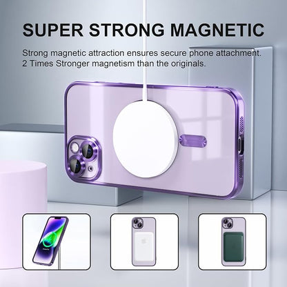Misea Magnetic for iPhone 14 Plus Case Compatible with MagSafe [Never Yellowing] [Military Grade Drop Protection] Full Camera Lens Protector Plating Soft Clear Phone Case for Women Girls, Purple