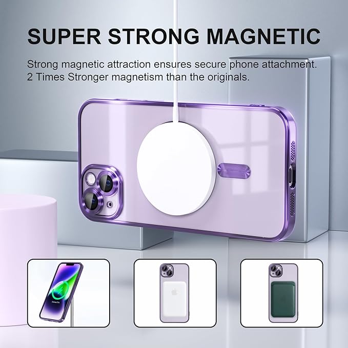 Misea Magnetic for iPhone 14 Case Compatible with MagSafe [Never Yellowing] [Military Grade Drop Protection] Full Camera Lens Protector Plating Soft Clear Phone Case for Women Girls, Purple