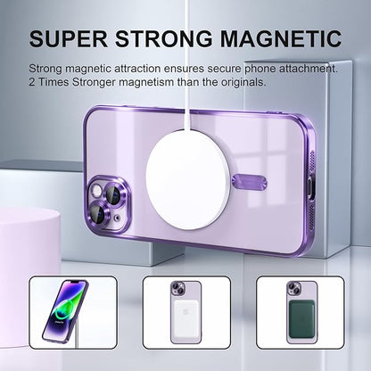 Misea Magnetic for iPhone 14 Case Compatible with MagSafe [Never Yellowing] [Military Grade Drop Protection] Full Camera Lens Protector Plating Soft Clear Phone Case for Women Girls, Purple