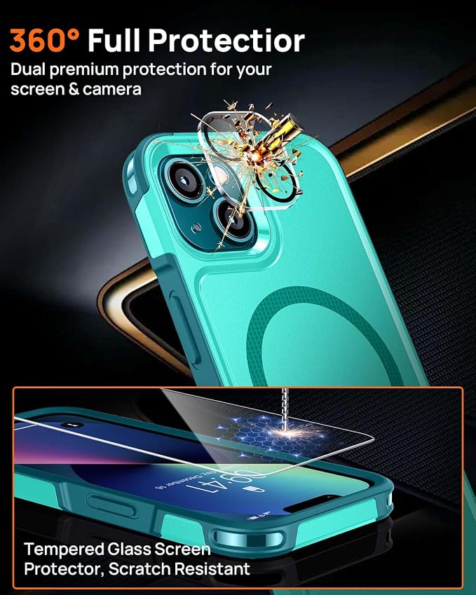 Lanhiem Magnetic for iPhone 13 Case, 2 Pack [Tempered Glass Screen Protectors+Camera Lens Protectors] 10 FT Military Grade Drop Protection Anti-Fingerprint Slim Phone Cover for iPhone 13 (Light Blue)