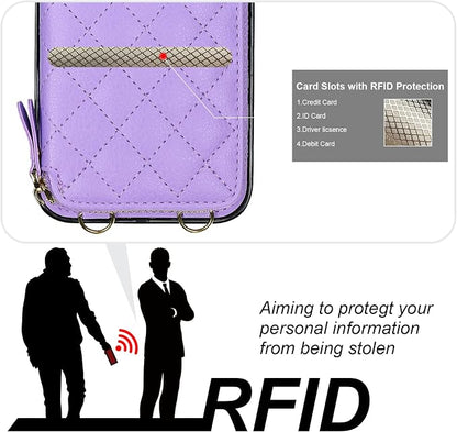Bocasal Crossbody Wallet Case for iPhone 13 Pro Max, RFID Blocking PU Leather Zipper Handbag Purse Flip Cover, Kickstand Folio Case with Card Slots Holder Wrist Strap Lanyard 5G 6.7 Inch (Purple)