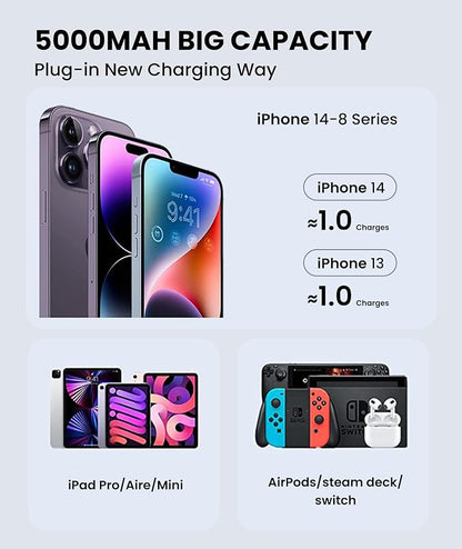 Small Portable Charger for iPhone, 5000mAh Mini Battery Pack with Builtin Metal Stand, MFi Certified Compact Power Bank with LCD Display & LED Light for iPhone 14/13/12/11/XR/X/SE/8/7/6Pro Max-Black