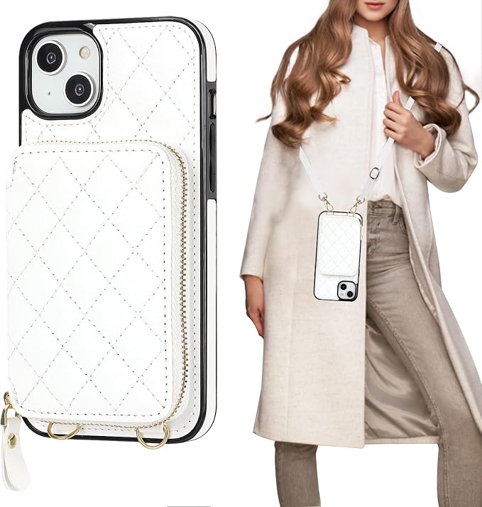 Bocasal Crossbody Wallet Case for iPhone 14 Plus, RFID Blocking PU Leather Zipper Handbag Purse Flip Cover, Kickstand Folio Case with Card Slots Holder Wrist Strap Lanyard 5G 6.7 Inch (White)