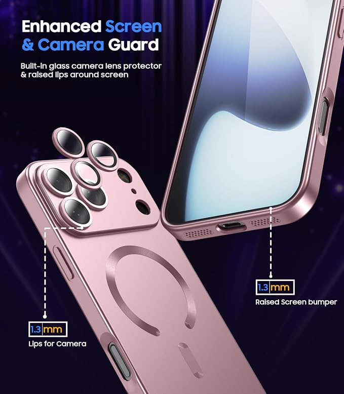 Magnetic for iPhone 17 Pro Case [Compatible with MagSafe][Built-in Camera Lens Protector] Slim Thin Soft Silicone Bumper Shockproof Metallic Luster Phone Case (Rose Gold)