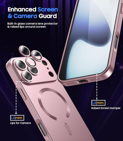 Magnetic for iPhone 17 Pro Case [Compatible with MagSafe][Built-in Camera Lens Protector] Slim Thin Soft Silicone Bumper Shockproof Metallic Luster Phone Case (Rose Gold)