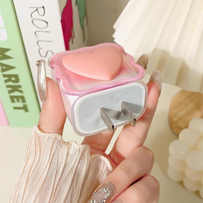 Lovmooful Compatible for iPhone 18W/20W USB-C Charger Cover Clear Lovely 3D Love Heart Waves Design Soft Charger Protector Cute Cable Case Saver Protector for Girls Women-Pink Heart
