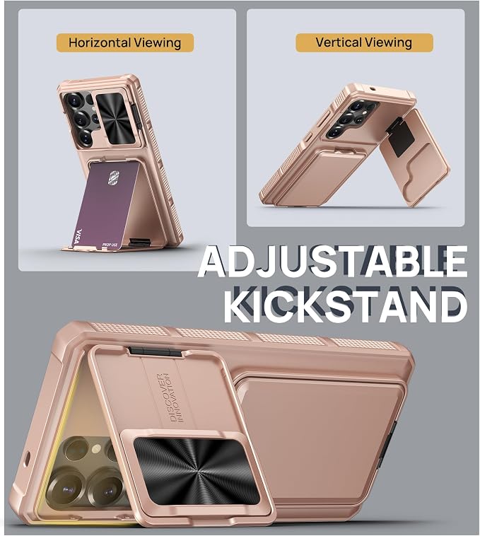 SSLOTSCASE for Samsung Galaxy S25 Ultra Case with Card Holder & Camera Stand & Kickstand & Slide Camera Lens Cover & Wallet, Heavy-Duty Shockproof Protection Phone Cover for S25 Ultra 6.9", Rose Gold