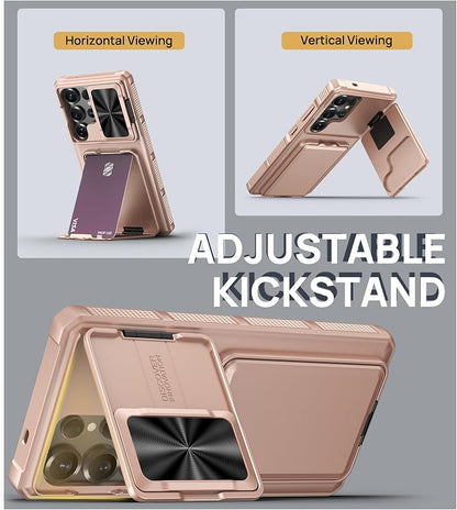 SSLOTSCASE for Samsung Galaxy S25 Ultra Case with Card Holder & Camera Stand & Kickstand & Slide Camera Lens Cover & Wallet, Heavy-Duty Shockproof Protection Phone Cover for S25 Ultra 6.9", Rose Gold