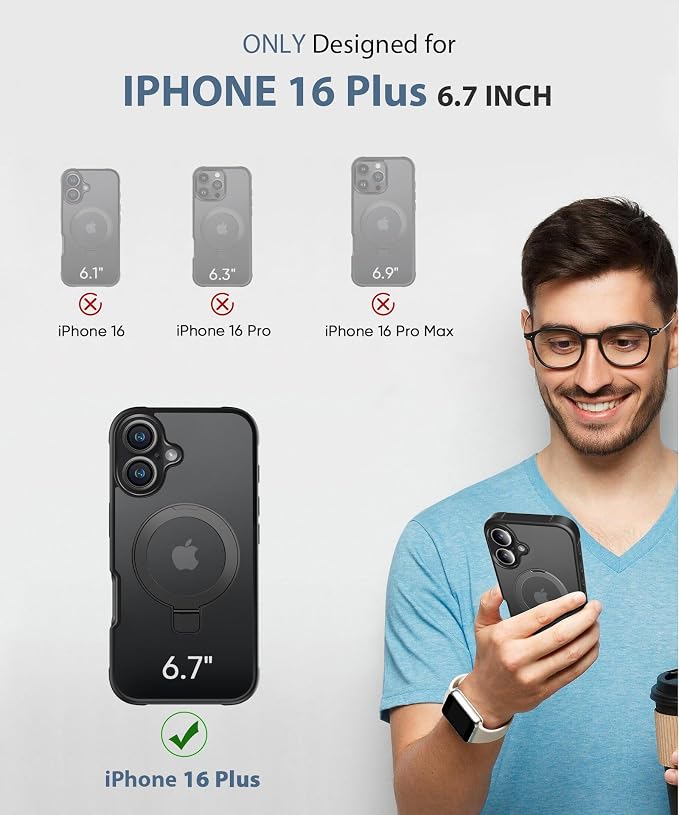 for iPhone 16 Plus Case, Built-in Magnetic & Seamless Stand, [Compatible with MagSafe] Protective Shockproof Phone Case, Clear Matte Back Slim Cover for iPhone 16Plus 6.7 Inch - Black