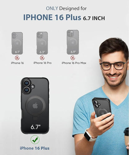 for iPhone 16 Plus Case, Built-in Magnetic & Seamless Stand, [Compatible with MagSafe] Protective Shockproof Phone Case, Clear Matte Back Slim Cover for iPhone 16Plus 6.7 Inch - Black