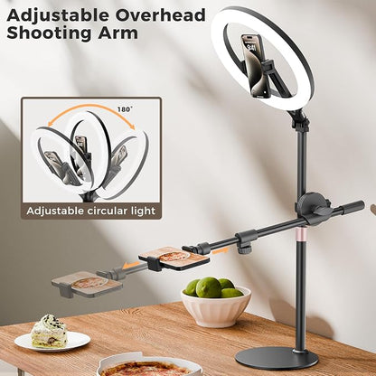 11" Desk Ring Light,Wireless Bluetooth Ring Light with Stand & Phone Holder,Overhead Phone Mount for Video Recording,Tripod for Cooking Videos,Webcam Lamp/TikTok/YouTube,Compatible with iPhone Camera
