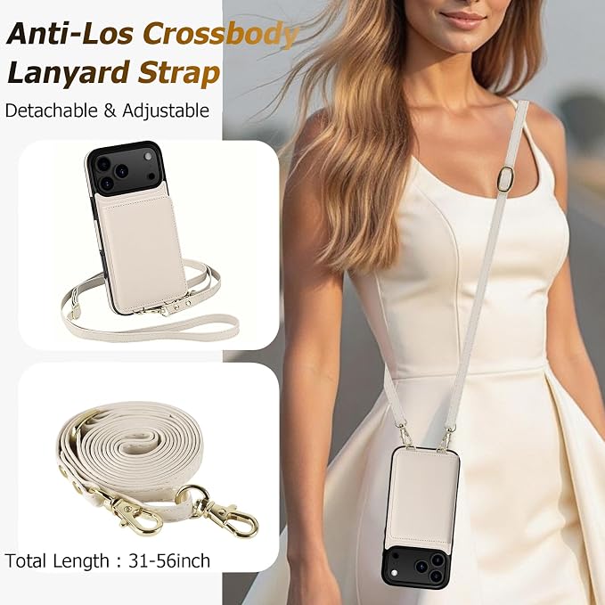 LOHASIC for iPhone 17 Pro Case Wallet with Detachable Crossbody Strap & Wrist Lanyard, RFID Blocking, 4 Card Slots 2 Cash Pockets, Leather Case with Card Holder for Women Girls, Ivory White