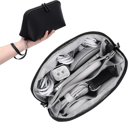 FYY Travel Cable Organizer - 8 Compartments, Lightweight, Water Repellent | With Wrist Strap, Portable Tech Pouch for Cord Charger, Travel and Business Trips Use, Soft Shell Nylon, Black (Large)