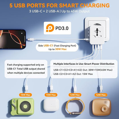 Auxmir Universal Travel Adapter, 45W PD Fast Charging Travel Plug Adapter with 2 USB-A and 3 USB-C Ports，International Adapter for EU, USA, UK, Asia, Worldwide Use, White