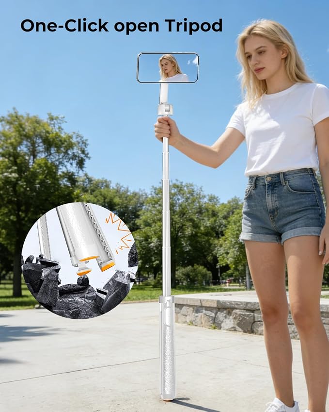 72'' Magnetic Selfie Stick Tripod for iPhone MagSafe – One-Click Open Stable Stand, Strong Magnetic Mount, 360° Rotation, Extendable Aluminum with Rechargeable Remote for Travel & Video Recording